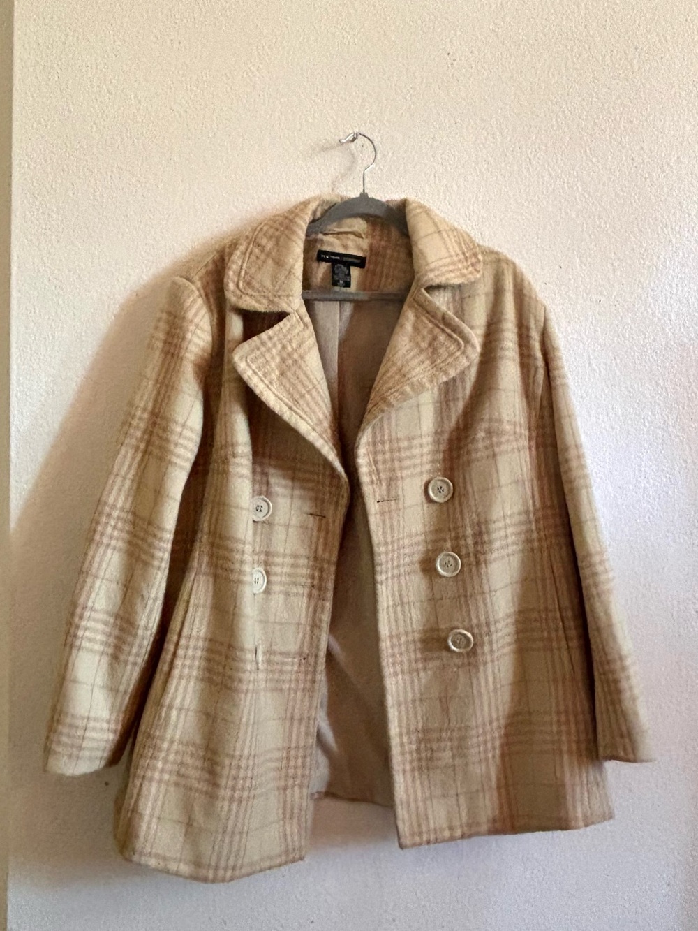 New York & Company Cream Plaid Teddy Peacoat